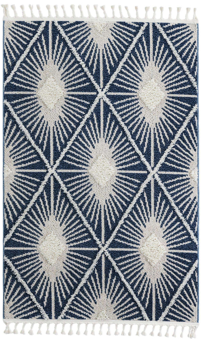 Blue 4' 1 x 6' 1 Boho Rectangle Area Rug 100% Polyester With Cotton Backing Geometric Modern Boho Bohemian Decor Carpet for Living Rooms Office Dining Kitchen Unique Interior Design for Sale at Rug Engine
