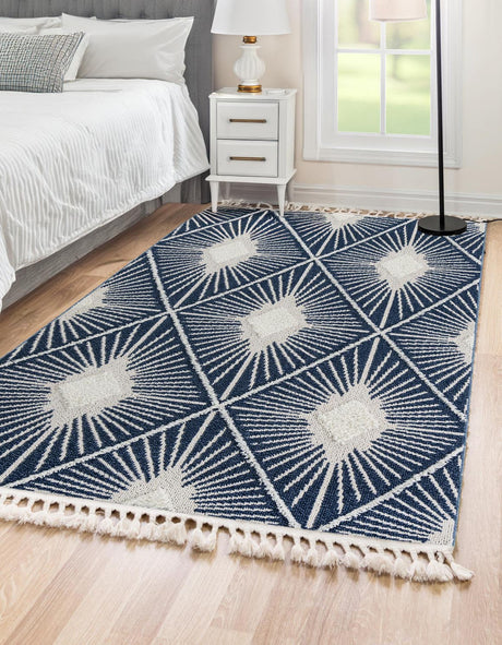 Blue 10' x 13' 1 Boho Rectangle Area Rug 100% Polyester With Cotton Backing Geometric Modern Boho Bohemian Decor Carpet for Living Rooms Office Dining Kitchen Unique Interior Design for Sale at Rug Engine