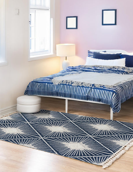 Blue 10' x 13' 1 Boho Rectangle Area Rug 100% Polyester With Cotton Backing Geometric Modern Boho Bohemian Decor Carpet for Living Rooms Office Dining Kitchen Unique Interior Design for Sale at Rug Engine