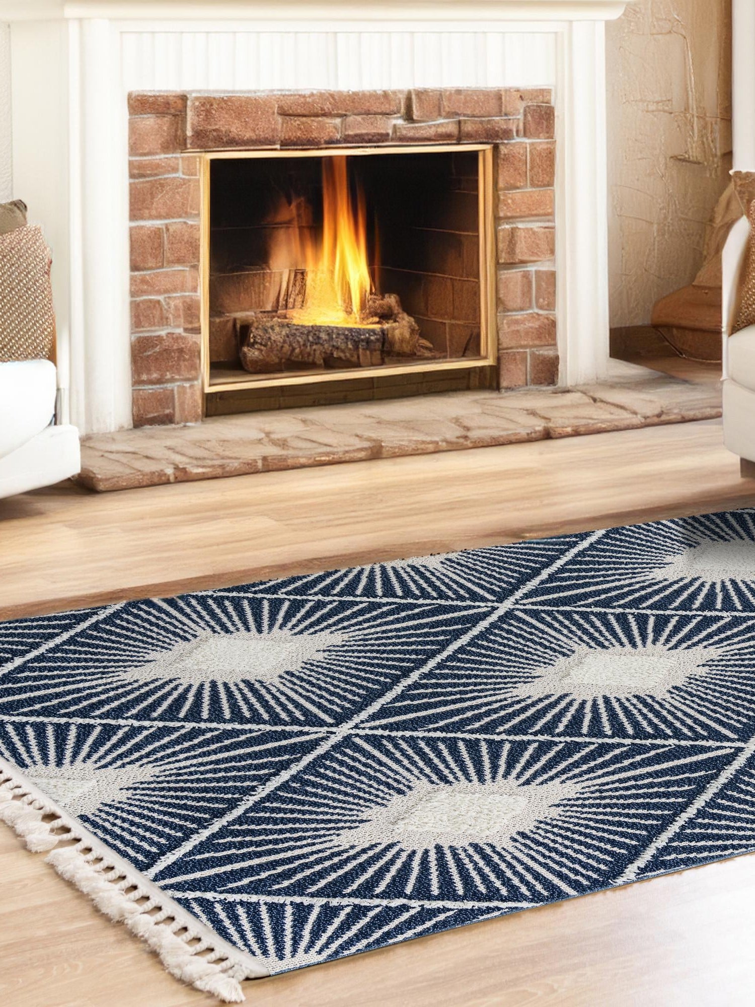 Blue 4' 1 x 6' 1 Boho Rectangle Area Rug 100% Polyester With Cotton Backing Geometric Modern Boho Bohemian Decor Carpet for Living Rooms Office Dining Kitchen Unique Interior Design for Sale at Rug Engine