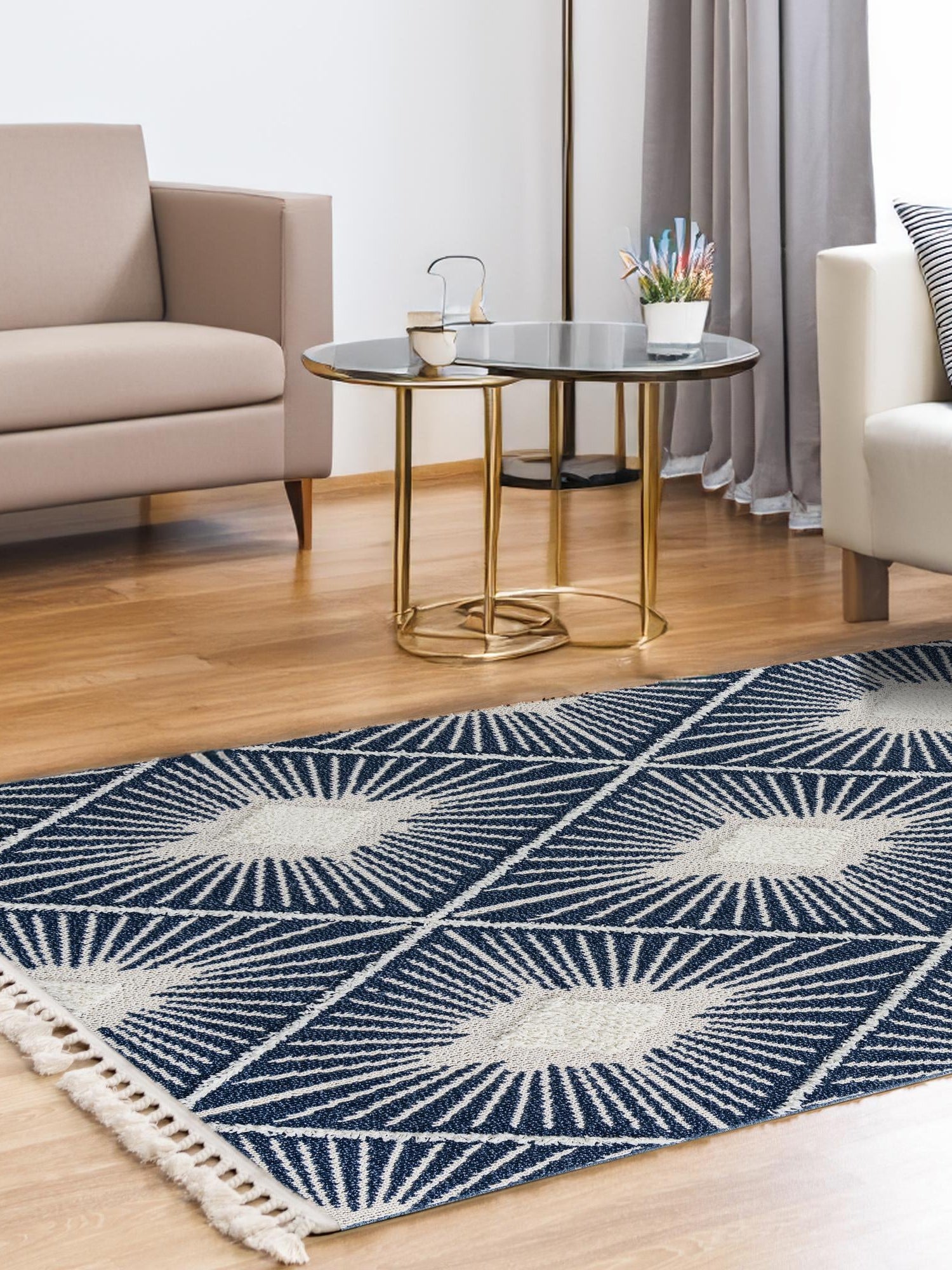 Blue 7' 10 x 10' Boho Rectangle Area Rug 100% Polyester With Cotton Backing Geometric Modern Boho Bohemian Decor Carpet for Living Rooms Office Dining Kitchen Unique Interior Design for Sale at Rug Engine