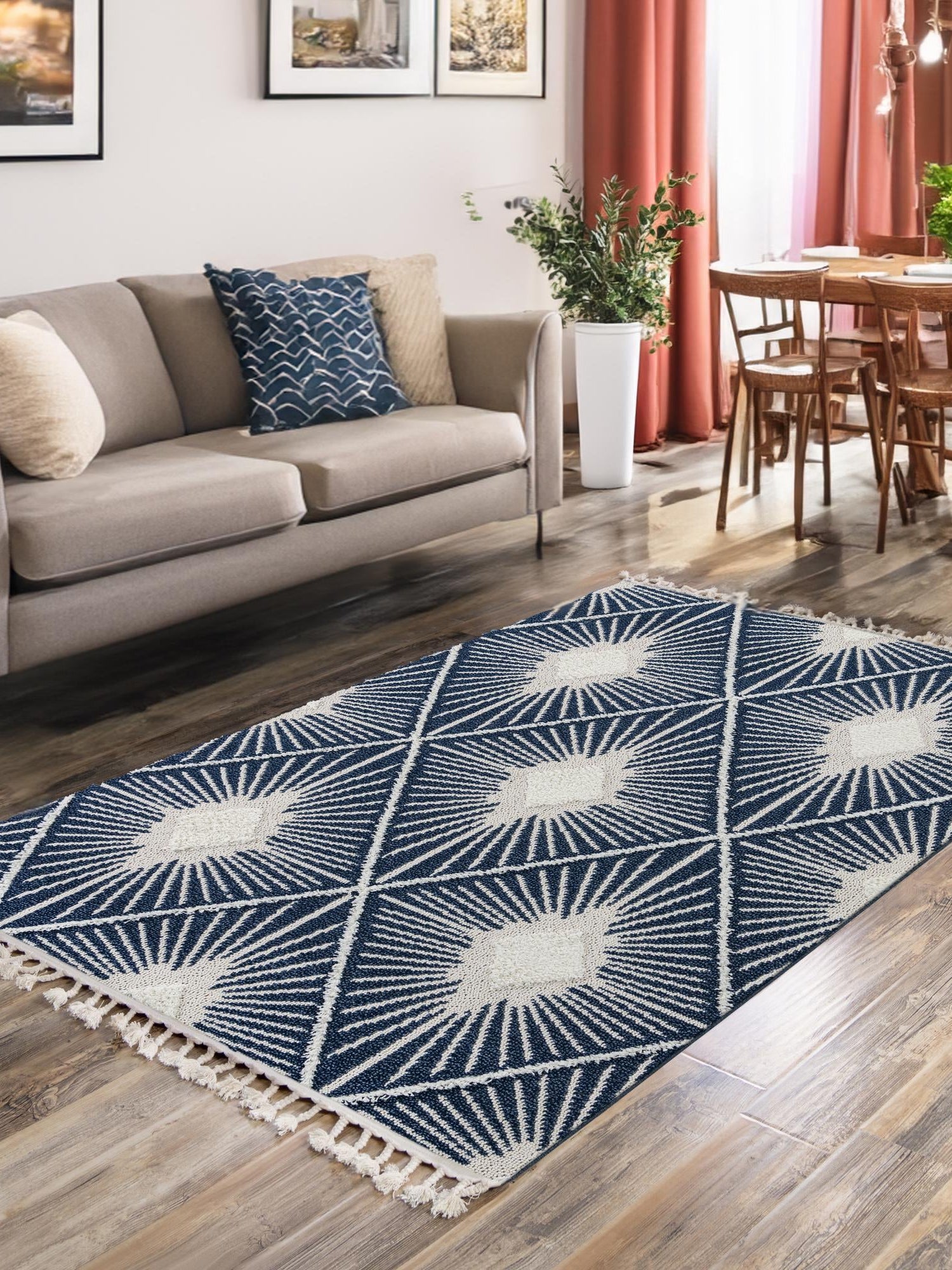 Blue 3' 3 x 5' 3 Boho Rectangle Area Rug 100% Polyester With Cotton Backing Geometric Modern Boho Bohemian Decor Carpet for Living Rooms Office Dining Kitchen Unique Interior Design for Sale at Rug Engine