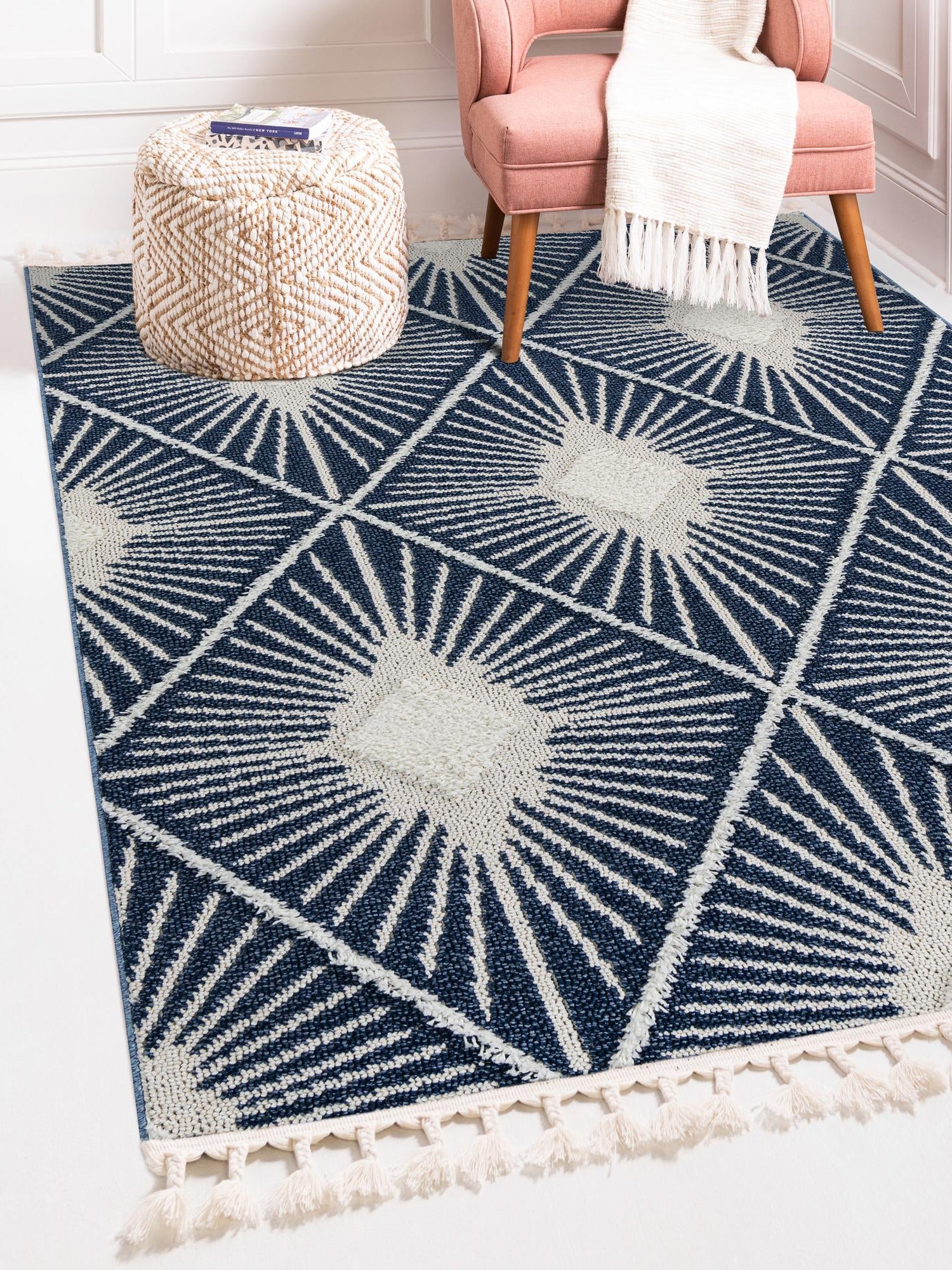 Blue 7' 1 x 10' Boho Rectangle Area Rug 100% Polyester With Cotton Backing Geometric Modern Boho Bohemian Decor Carpet for Living Rooms Office Dining Kitchen Unique Interior Design for Sale at Rug Engine
