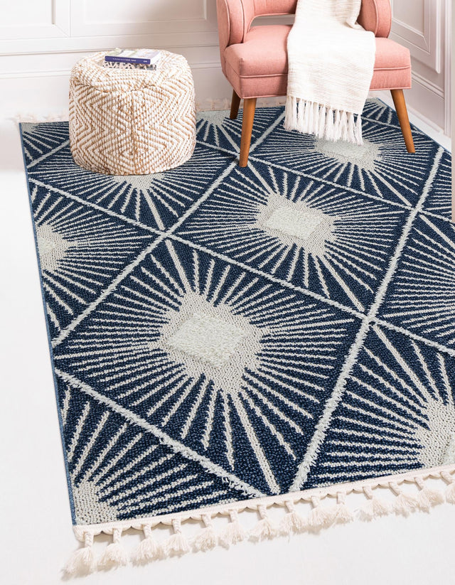 Blue 7' 10 x 11' Boho Rectangle Area Rug 100% Polyester With Cotton Backing Geometric Modern Boho Bohemian Decor Carpet for Living Rooms Office Dining Kitchen Unique Interior Design for Sale at Rug Engine