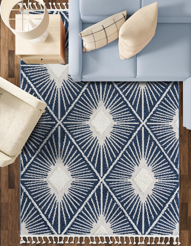 Blue 10' x 13' 1 Boho Rectangle Area Rug 100% Polyester With Cotton Backing Geometric Modern Boho Bohemian Decor Carpet for Living Rooms Office Dining Kitchen Unique Interior Design for Sale at Rug Engine