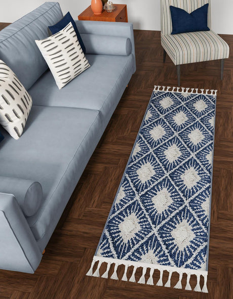 Blue 2' x 6' 1 Boho Runner Area Rug 100% Polyester With Cotton Backing Geometric Modern Boho Bohemian Decor Carpet for Living Rooms Office Dining Kitchen Unique Interior Design for Sale at Rug Engine