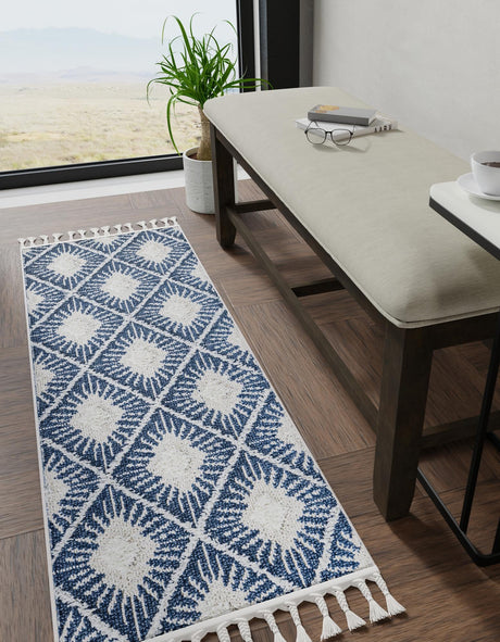 Blue 2' x 6' 1 Boho Runner Area Rug 100% Polyester With Cotton Backing Geometric Modern Boho Bohemian Decor Carpet for Living Rooms Office Dining Kitchen Unique Interior Design for Sale at Rug Engine