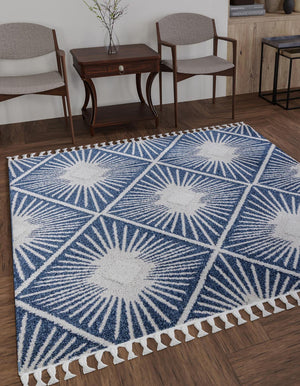 Blue 7' 10 x 7' 10 Boho Square Area Rug 100% Polyester With Cotton Backing Geometric Modern Boho Bohemian Decor Carpet for Living Rooms Office Dining Kitchen Unique Interior Design for Sale at Rug Engine