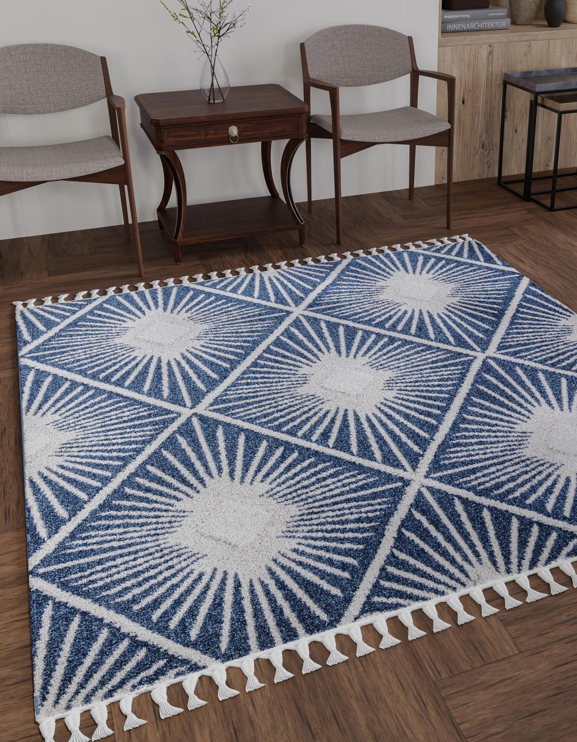 Blue 10' x 10' Boho Square Area Rug 100% Polyester With Cotton Backing Geometric Modern Boho Bohemian Decor Carpet for Living Rooms Office Dining Kitchen Unique Interior Design for Sale at Rug Engine