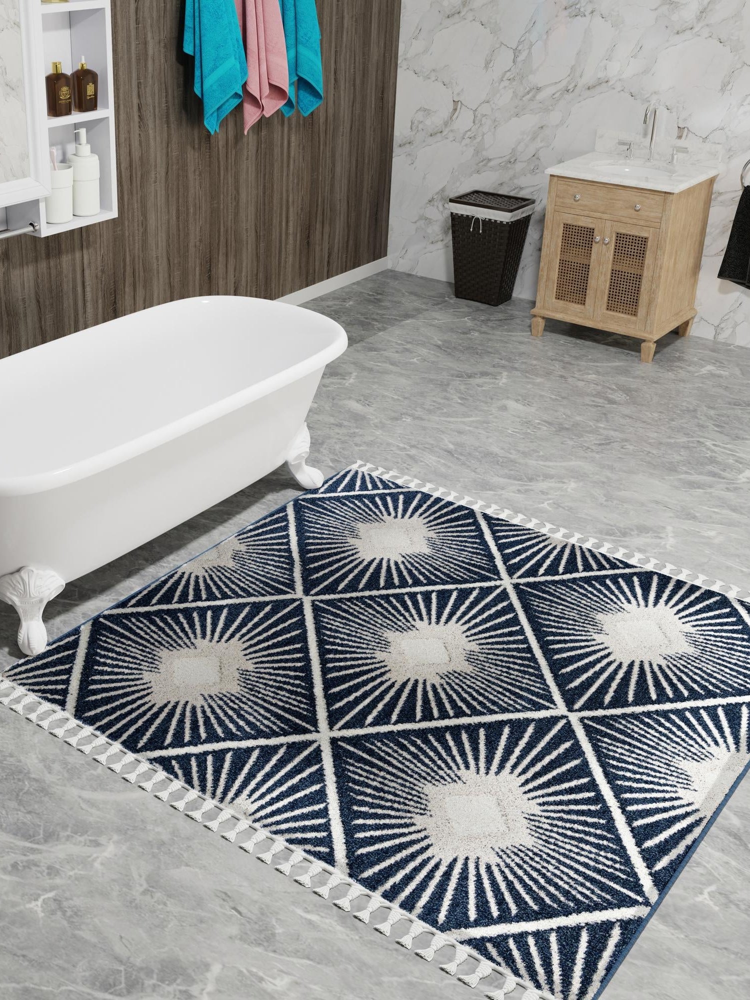 Blue 10' x 10' Boho Square Area Rug 100% Polyester With Cotton Backing Geometric Modern Boho Bohemian Decor Carpet for Living Rooms Office Dining Kitchen Unique Interior Design for Sale at Rug Engine
