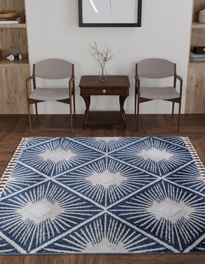 Blue 7' 10 x 7' 10 Boho Square Area Rug 100% Polyester With Cotton Backing Geometric Modern Boho Bohemian Decor Carpet for Living Rooms Office Dining Kitchen Unique Interior Design for Sale at Rug Engine