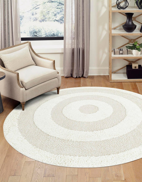 Ivory 4' 1 x 4' 1 Boho Round Area Rug 100% Polyester With Cotton Backing Geometric Modern Boho Bohemian Decor Carpet for Living Rooms Office Dining Kitchen Unique Interior Design for Sale at Rug Engine