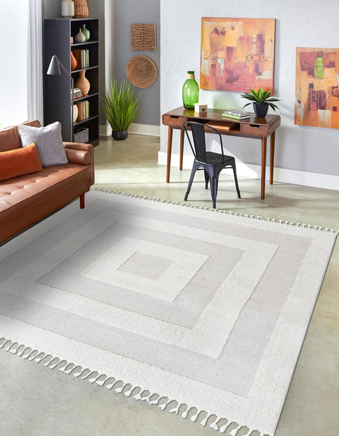 Ivory 10' x 10' Boho Square Area Rug 100% Polyester With Cotton Backing Geometric Modern Boho Bohemian Decor Carpet for Living Rooms Office Dining Kitchen Unique Interior Design for Sale at Rug Engine