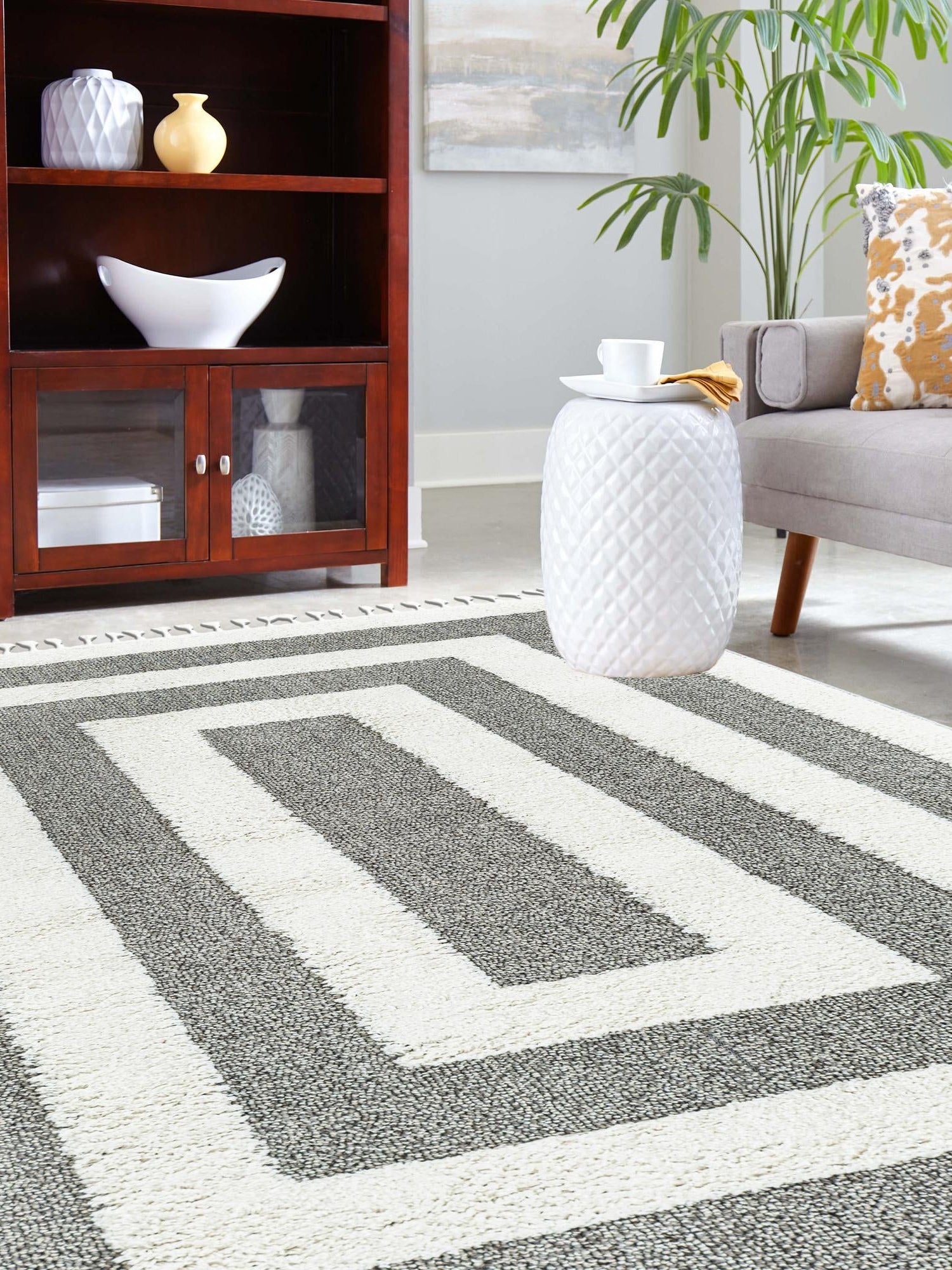 Gray 9' x 12' Boho Rectangle Area Rug 100% Polyester With Cotton Backing Geometric Modern Boho Bohemian Decor Carpet for Living Rooms Office Dining Kitchen Unique Interior Design for Sale at Rug Engine