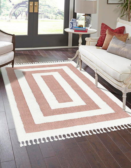 Pink 4' 1 x 6' 1 Boho Rectangle Area Rug 100% Polyester With Cotton Backing Geometric Modern Boho Bohemian Decor Carpet for Living Rooms Office Dining Kitchen Unique Interior Design for Sale at Rug Engine