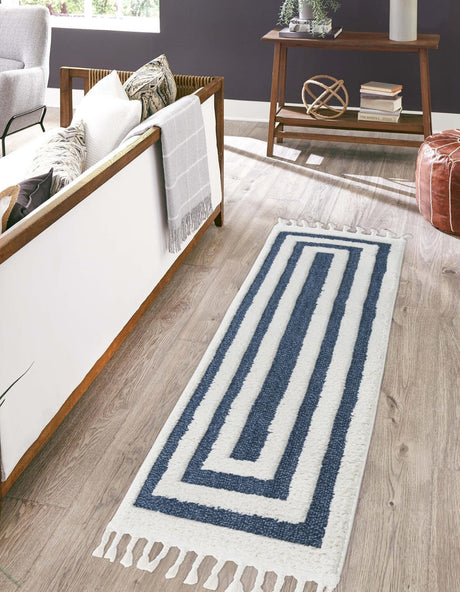 Blue 2' 7 x 12' Boho Runner Area Rug 100% Polyester With Cotton Backing Geometric Modern Boho Bohemian Decor Carpet for Living Rooms Office Dining Kitchen Unique Interior Design for Sale at Rug Engine
