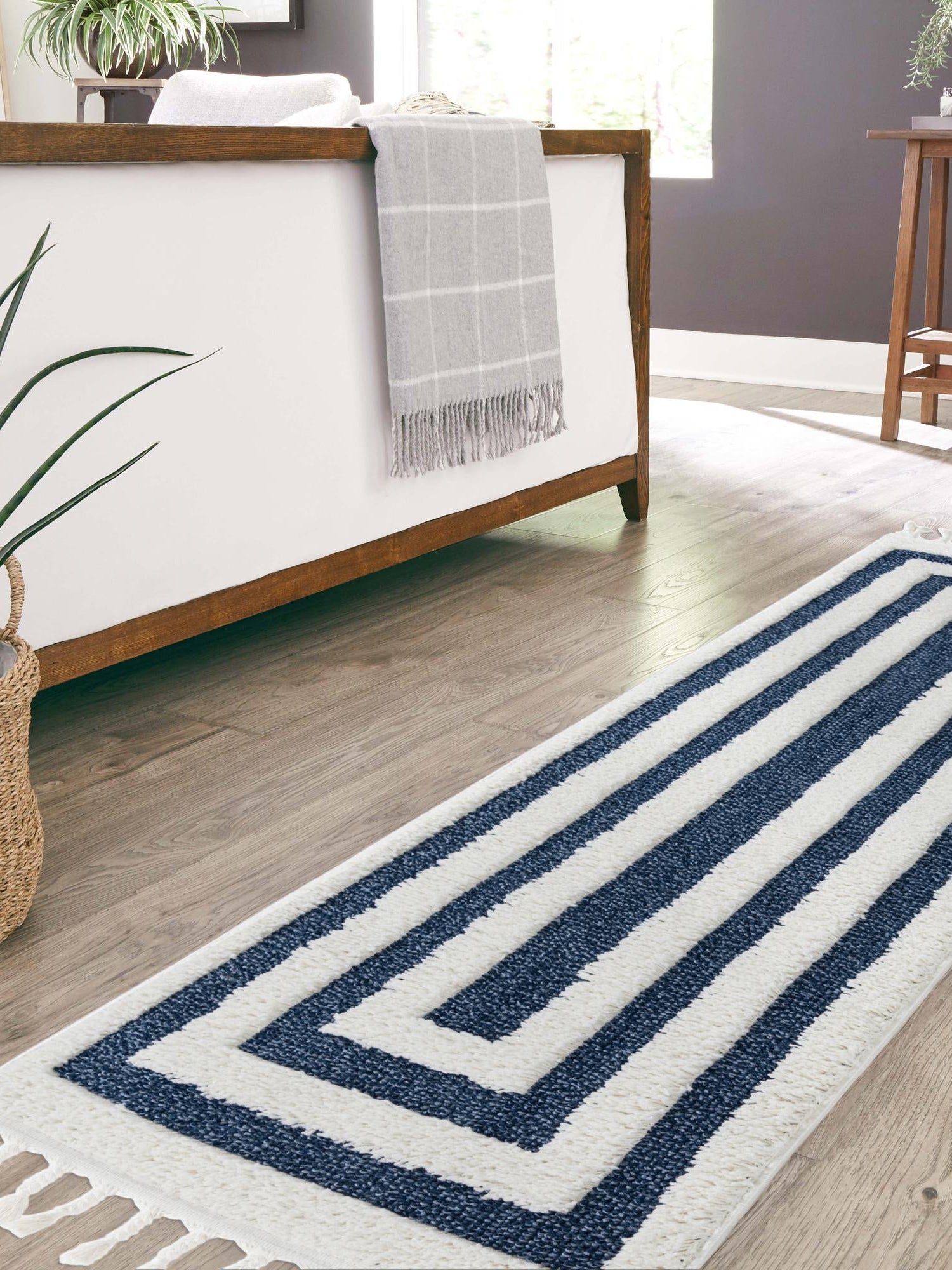 Blue 2' 7 x 12' Boho Runner Area Rug 100% Polyester With Cotton Backing Geometric Modern Boho Bohemian Decor Carpet for Living Rooms Office Dining Kitchen Unique Interior Design for Sale at Rug Engine