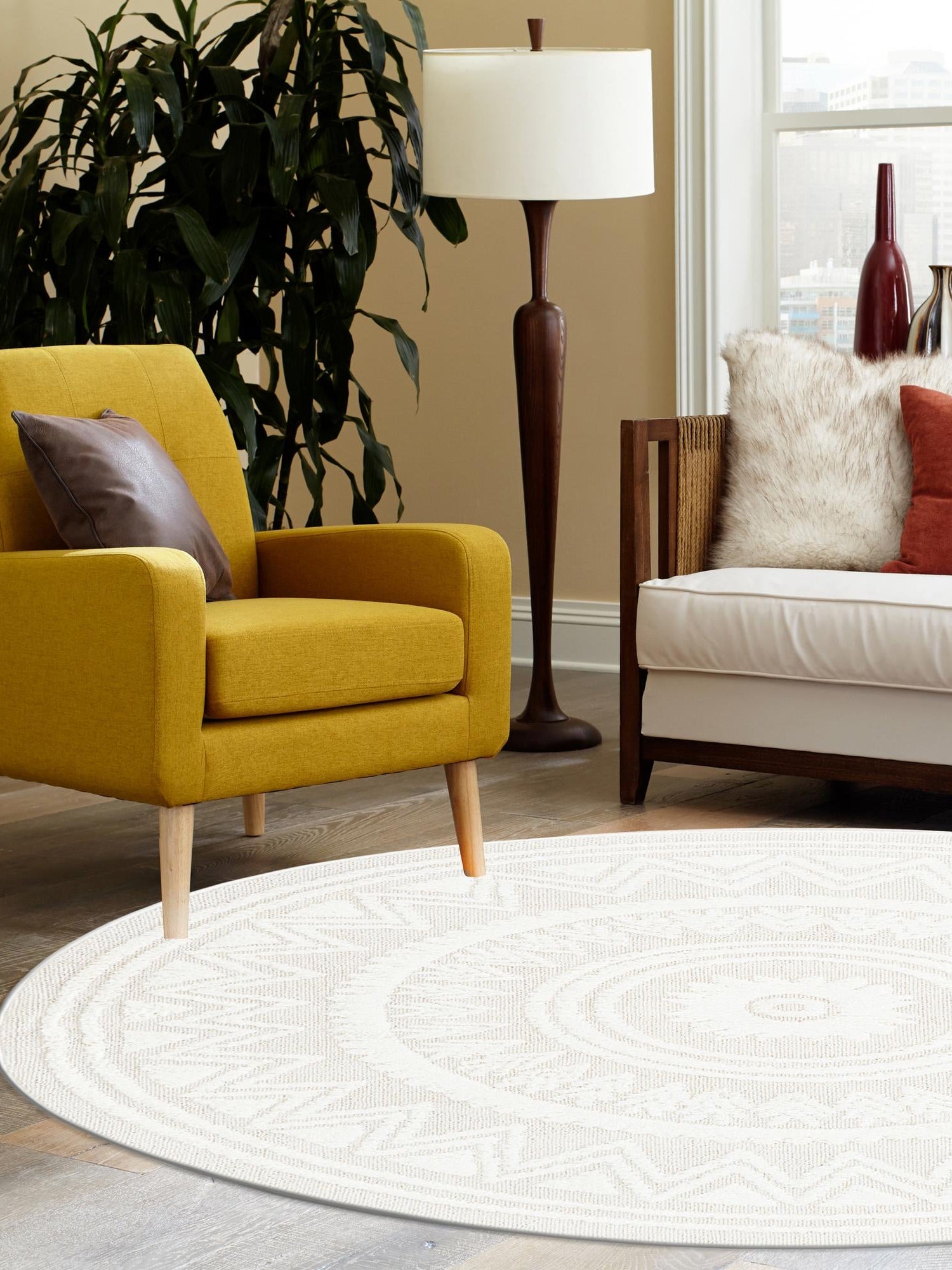 Ivory 10' x 10' Boho Round Area Rug 100% Polyester With Cotton Backing Geometric Modern Boho Bohemian Decor Carpet for Living Rooms Office Dining Kitchen Unique Interior Design for Sale at Rug Engine
