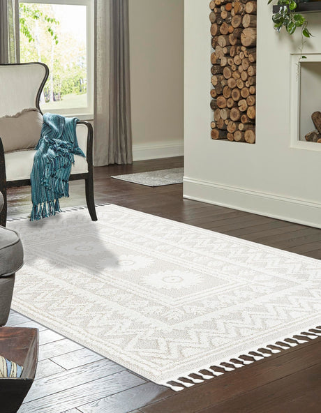 Ivory 9' 6 x 14' 3 Boho Rectangle Area Rug 100% Polyester With Cotton Backing Geometric Modern Boho Bohemian Decor Carpet for Living Rooms Office Dining Kitchen Unique Interior Design for Sale at Rug Engine
