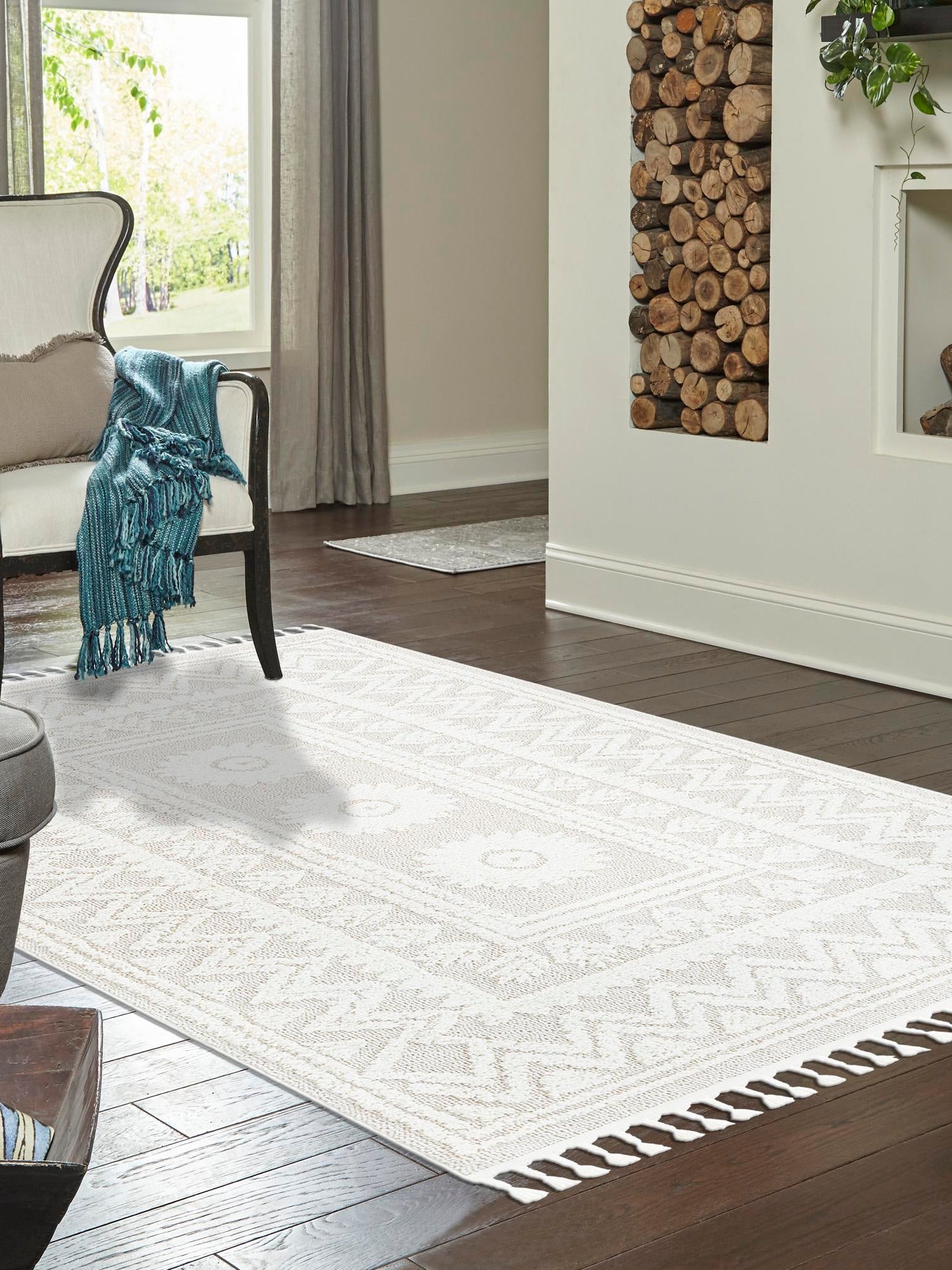 Ivory 6' 1 x 9' Boho Rectangle Area Rug 100% Polyester With Cotton Backing Geometric Modern Boho Bohemian Decor Carpet for Living Rooms Office Dining Kitchen Unique Interior Design for Sale at Rug Engine