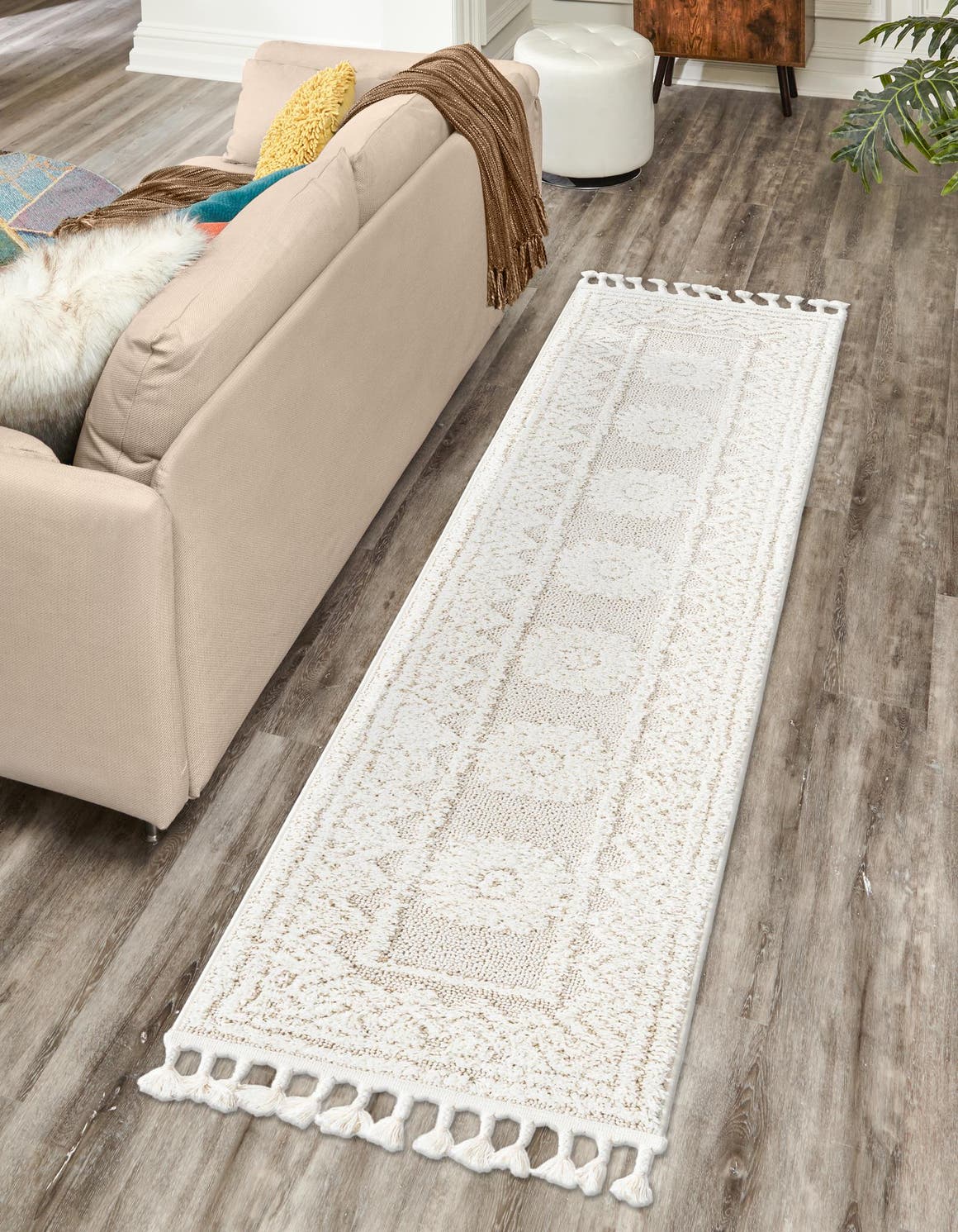 Ivory 2' x 8' Boho Runner Area Rug 100% Polyester With Cotton Backing Geometric Modern Boho Bohemian Decor Carpet for Living Rooms Office Dining Kitchen Unique Interior Design for Sale at Rug Engine