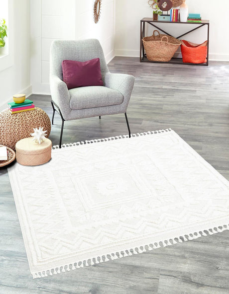 Ivory 7' 10 x 7' 10 Boho Square Area Rug 100% Polyester With Cotton Backing Geometric Modern Boho Bohemian Decor Carpet for Living Rooms Office Dining Kitchen Unique Interior Design for Sale at Rug Engine