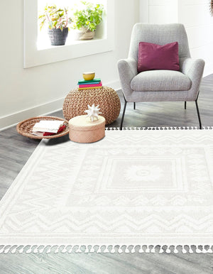 Ivory 7' 10 x 7' 10 Boho Square Area Rug 100% Polyester With Cotton Backing Geometric Modern Boho Bohemian Decor Carpet for Living Rooms Office Dining Kitchen Unique Interior Design for Sale at Rug Engine