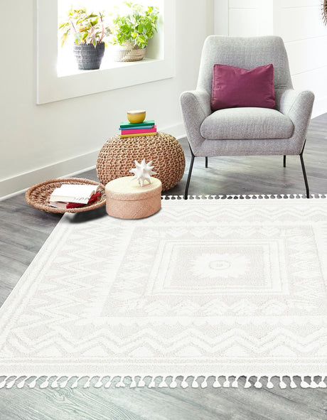 Ivory 7' 10 x 7' 10 Boho Square Area Rug 100% Polyester With Cotton Backing Geometric Modern Boho Bohemian Decor Carpet for Living Rooms Office Dining Kitchen Unique Interior Design for Sale at Rug Engine