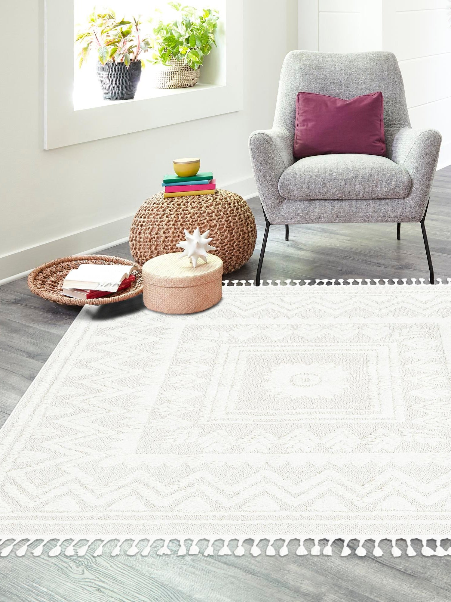 Ivory 10' x 10' Boho Square Area Rug 100% Polyester With Cotton Backing Geometric Modern Boho Bohemian Decor Carpet for Living Rooms Office Dining Kitchen Unique Interior Design for Sale at Rug Engine