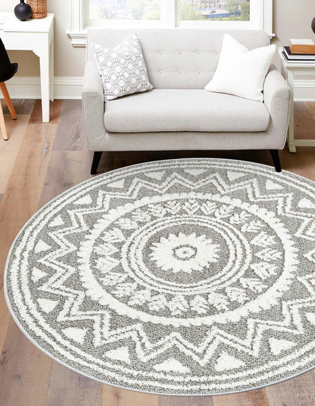 Gray 3' 3 x 3' 3 Boho Round Area Rug 100% Polyester With Cotton Backing Geometric Modern Boho Bohemian Decor Carpet for Living Rooms Office Dining Kitchen Unique Interior Design for Sale at Rug Engine