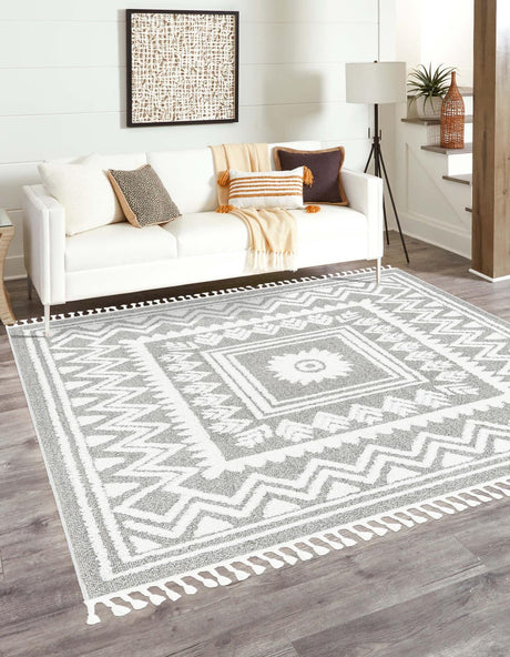 Gray 7' 10 x 7' 10 Boho Square Area Rug 100% Polyester With Cotton Backing Geometric Modern Boho Bohemian Decor Carpet for Living Rooms Office Dining Kitchen Unique Interior Design for Sale at Rug Engine