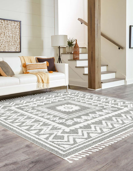 Gray 7' 10 x 7' 10 Boho Square Area Rug 100% Polyester With Cotton Backing Geometric Modern Boho Bohemian Decor Carpet for Living Rooms Office Dining Kitchen Unique Interior Design for Sale at Rug Engine