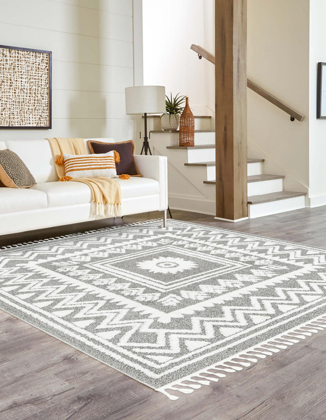 Gray 7' 10 x 7' 10 Boho Square Area Rug 100% Polyester With Cotton Backing Geometric Modern Boho Bohemian Decor Carpet for Living Rooms Office Dining Kitchen Unique Interior Design for Sale at Rug Engine