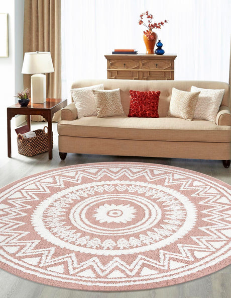 Pink 3' 3 x 3' 3 Boho Round Area Rug 100% Polyester With Cotton Backing Geometric Modern Boho Bohemian Decor Carpet for Living Rooms Office Dining Kitchen Unique Interior Design for Sale at Rug Engine