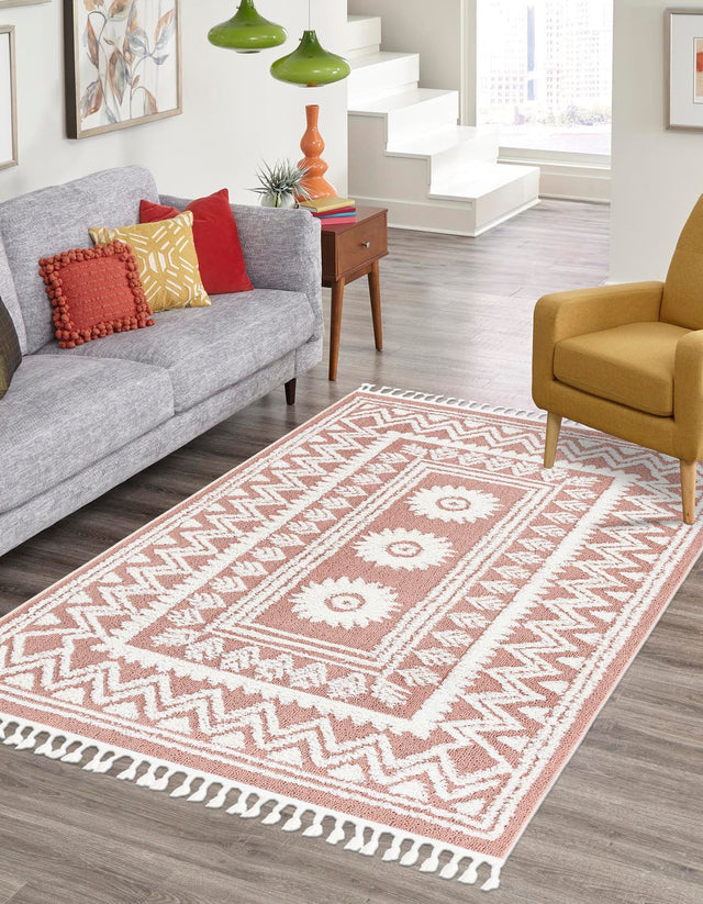Pink 4' 1 x 6' 1 Boho Rectangle Area Rug 100% Polyester With Cotton Backing Geometric Modern Boho Bohemian Decor Carpet for Living Rooms Office Dining Kitchen Unique Interior Design for Sale at Rug Engine