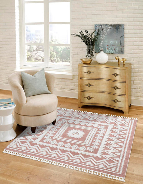 Pink 7' 10 x 7' 10 Boho Square Area Rug 100% Polyester With Cotton Backing Geometric Modern Boho Bohemian Decor Carpet for Living Rooms Office Dining Kitchen Unique Interior Design for Sale at Rug Engine