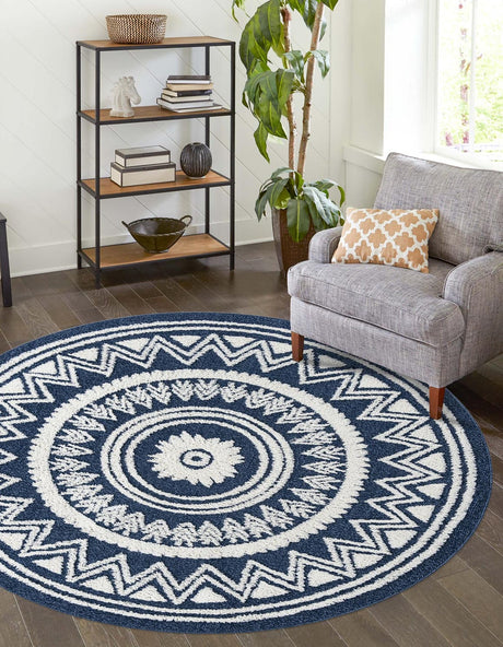 Blue 5' 3 x 5' 3 Boho Round Area Rug 100% Polyester With Cotton Backing Geometric Modern Boho Bohemian Decor Carpet for Living Rooms Office Dining Kitchen Unique Interior Design for Sale at Rug Engine