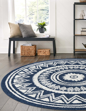 Blue 3' 3 x 3' 3 Boho Round Area Rug 100% Polyester With Cotton Backing Geometric Modern Boho Bohemian Decor Carpet for Living Rooms Office Dining Kitchen Unique Interior Design for Sale at Rug Engine