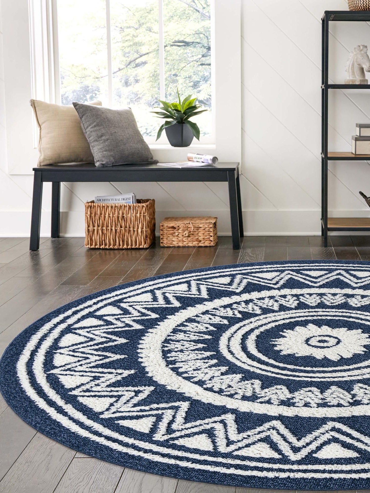 Blue 7' 10 x 7' 10 Boho Round Area Rug 100% Polyester With Cotton Backing Geometric Modern Boho Bohemian Decor Carpet for Living Rooms Office Dining Kitchen Unique Interior Design for Sale at Rug Engine