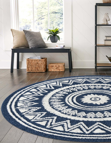 Blue 7' 10 x 7' 10 Boho Round Area Rug 100% Polyester With Cotton Backing Geometric Modern Boho Bohemian Decor Carpet for Living Rooms Office Dining Kitchen Unique Interior Design for Sale at Rug Engine