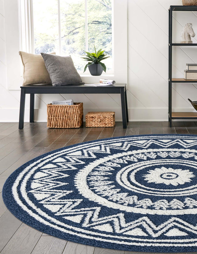 Blue 7' 10 x 7' 10 Boho Round Area Rug 100% Polyester With Cotton Backing Geometric Modern Boho Bohemian Decor Carpet for Living Rooms Office Dining Kitchen Unique Interior Design for Sale at Rug Engine
