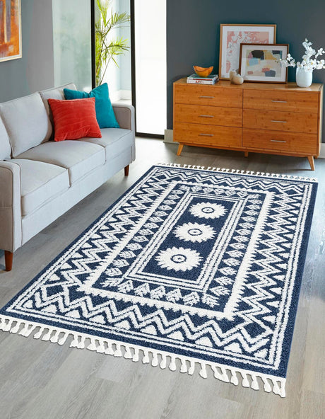 Blue 4' 1 x 6' 1 Boho Rectangle Area Rug 100% Polyester With Cotton Backing Geometric Modern Boho Bohemian Decor Carpet for Living Rooms Office Dining Kitchen Unique Interior Design for Sale at Rug Engine