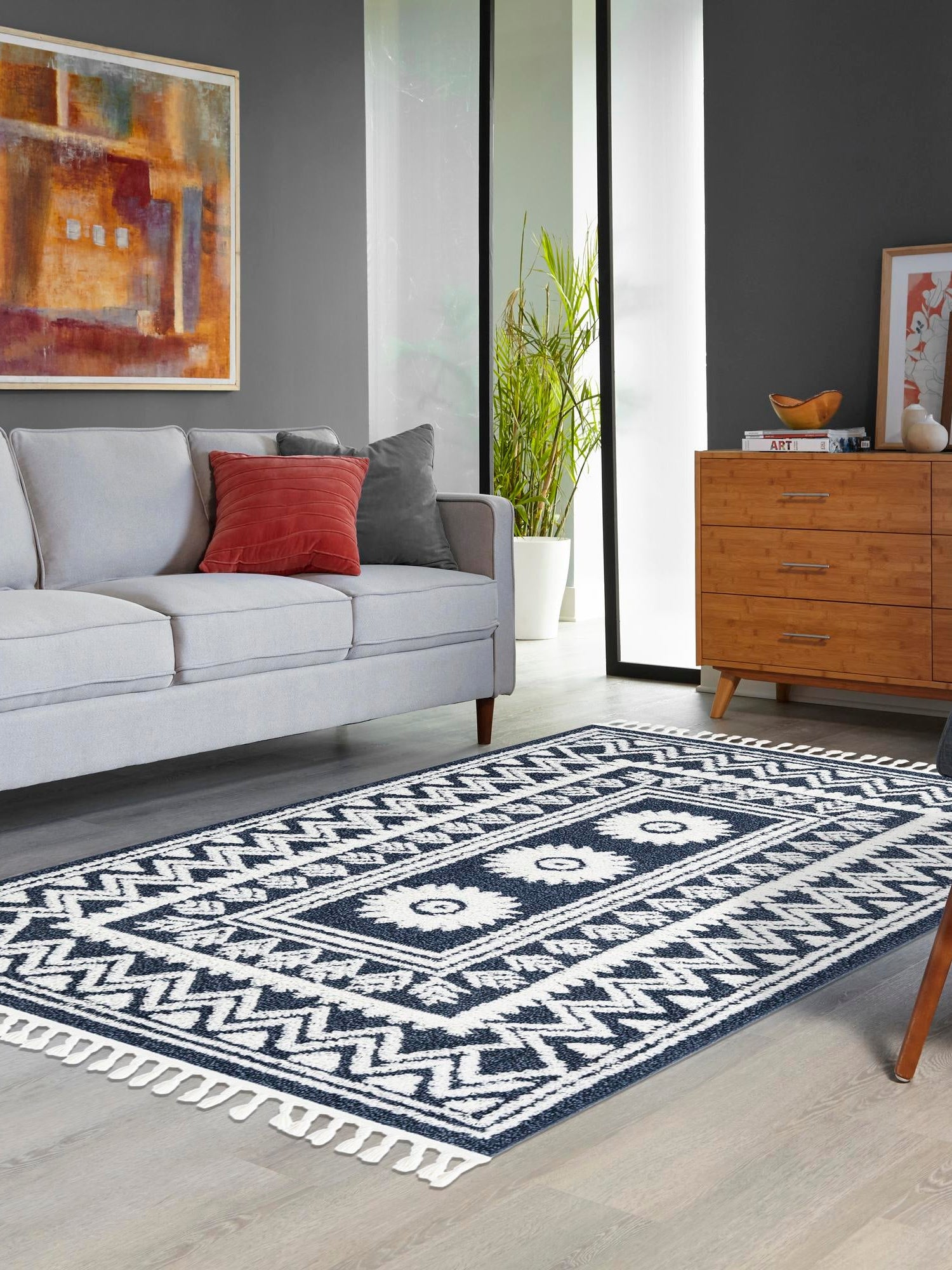 Blue 4' 1 x 6' 1 Boho Rectangle Area Rug 100% Polyester With Cotton Backing Geometric Modern Boho Bohemian Decor Carpet for Living Rooms Office Dining Kitchen Unique Interior Design for Sale at Rug Engine