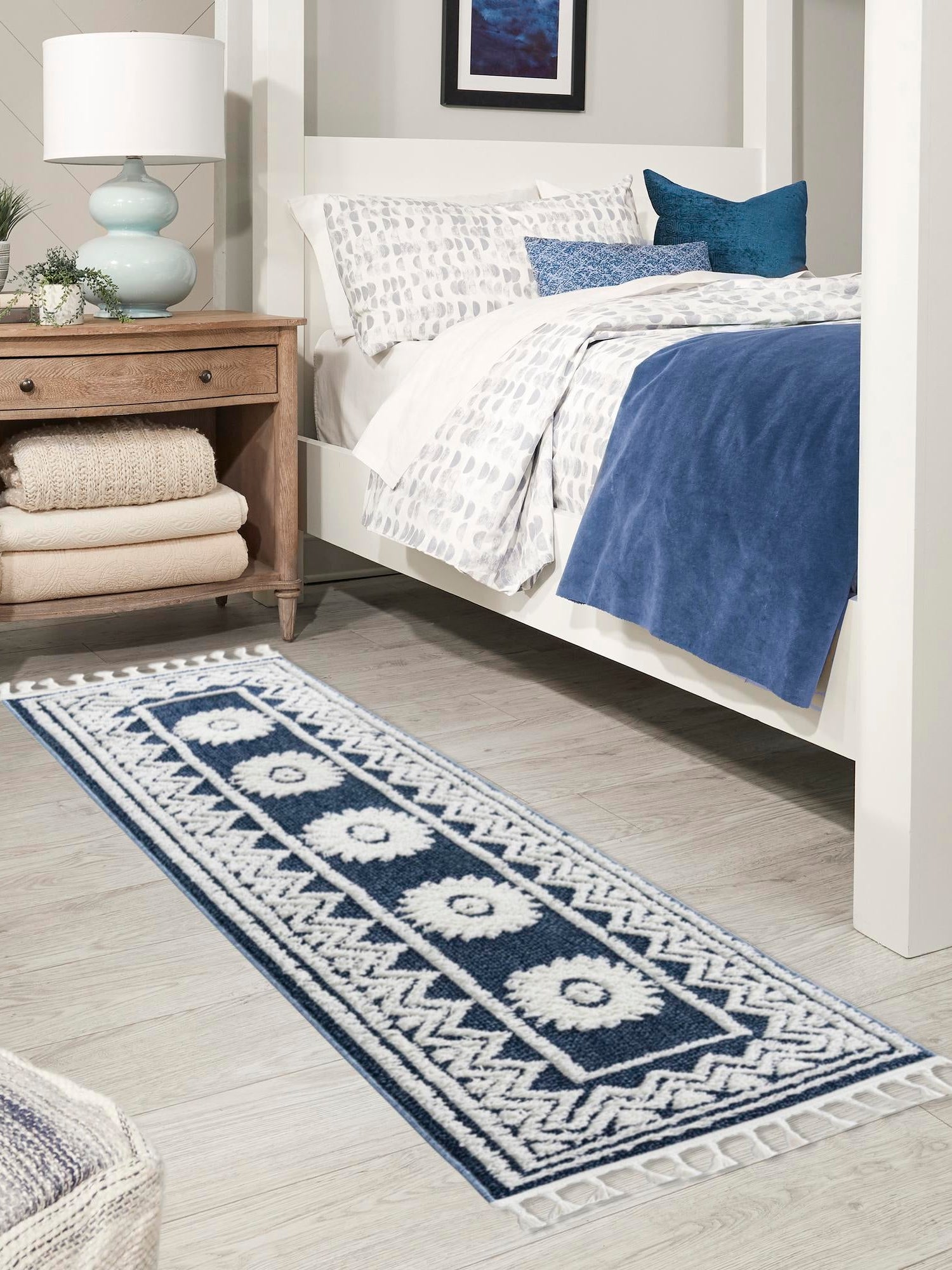 Blue 2' 7 x 12' Boho Runner Area Rug 100% Polyester With Cotton Backing Geometric Modern Boho Bohemian Decor Carpet for Living Rooms Office Dining Kitchen Unique Interior Design for Sale at Rug Engine