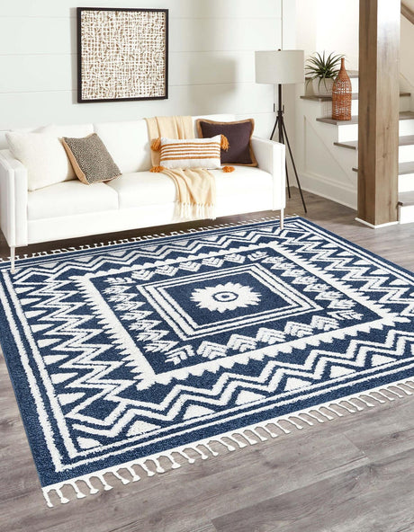 Blue 7' 10 x 7' 10 Boho Square Area Rug 100% Polyester With Cotton Backing Geometric Modern Boho Bohemian Decor Carpet for Living Rooms Office Dining Kitchen Unique Interior Design for Sale at Rug Engine