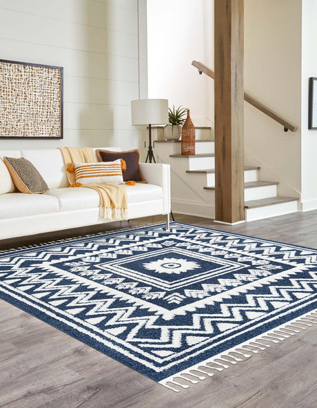 Blue 7' 10 x 7' 10 Boho Square Area Rug 100% Polyester With Cotton Backing Geometric Modern Boho Bohemian Decor Carpet for Living Rooms Office Dining Kitchen Unique Interior Design for Sale at Rug Engine