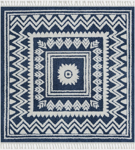 Blue 7' 10 x 7' 10 Boho Square Area Rug 100% Polyester With Cotton Backing Geometric Modern Boho Bohemian Decor Carpet for Living Rooms Office Dining Kitchen Unique Interior Design for Sale at Rug Engine