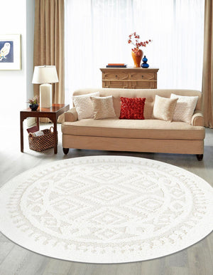 Ivory 4' 1 x 4' 1 Boho Round Area Rug 100% Polyester With Cotton Backing Geometric Modern Boho Bohemian Decor Carpet for Living Rooms Office Dining Kitchen Unique Interior Design for Sale at Rug Engine