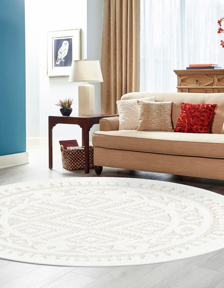 Ivory 10' x 10' Boho Round Area Rug 100% Polyester With Cotton Backing Geometric Modern Boho Bohemian Decor Carpet for Living Rooms Office Dining Kitchen Unique Interior Design for Sale at Rug Engine