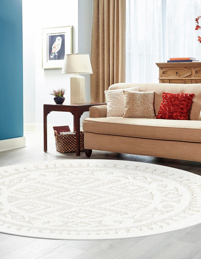 Ivory 4' 1 x 4' 1 Boho Round Area Rug 100% Polyester With Cotton Backing Geometric Modern Boho Bohemian Decor Carpet for Living Rooms Office Dining Kitchen Unique Interior Design for Sale at Rug Engine